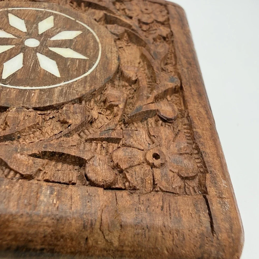 Vintage Wooden Trinket Box Jewelry Hinge Made in India Small Decor 4x4x2.5in